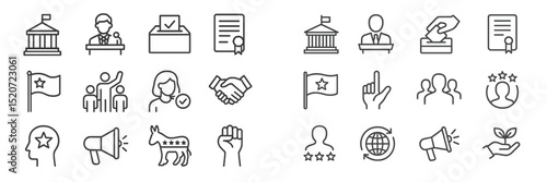 Icons representing democracy, voting, and civic engagement in a minimalistic style for educational use