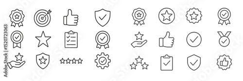 Collection of simple outline icons representing awards, feedback, and achievements in a minimalist design