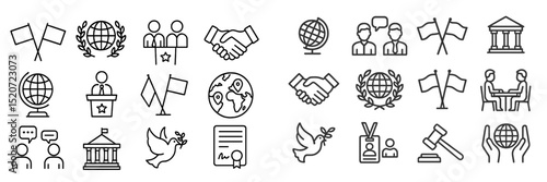 Diverse icons representing diplomacy, teamwork, and global cooperation displayed on a light background