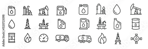 Oil and gas industry symbols including containers, drilling rigs, and transportation icons representing energy production and supply