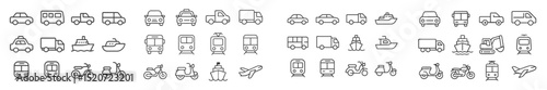 Various modes of transportation illustrated in simple line art design showcasing land, water, and air vehicles