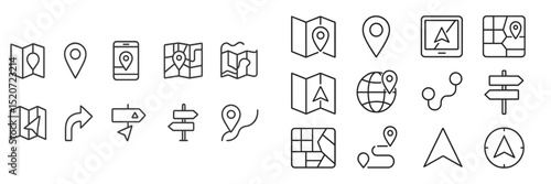 Variety of minimalist map icons representing navigation, location markers, and directional signs in a seamless pattern design