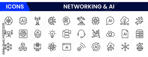 Vector illustration web line icons showcasing networking and AI concepts: connected nodes, neural networks, data exchange, artificial intelligence, machine learning, and digital communication.
