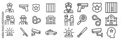 Collection of police and crime-related icons illustrating law enforcement tools and activities in a modern design