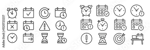 Collection of various icons representing time, schedules, alerts, and planning tools in a minimalist design