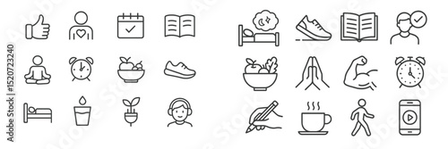 Health and wellness icons depicting daily routines and self-care practices for a balanced lifestyle
