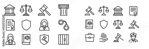 Collection of legal icons depicting various aspects of the justice system and law enforcement activities