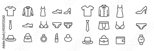 Collection of minimalistic clothing and fashion accessories in simple line art style showcasing diverse apparel items and accessories