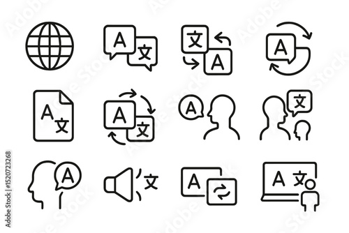 Symbols representing language translation with a globe and conversation elements displayed clearly and simply
