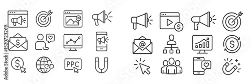 Collection of marketing icons illustrating digital advertising and online promotion strategies