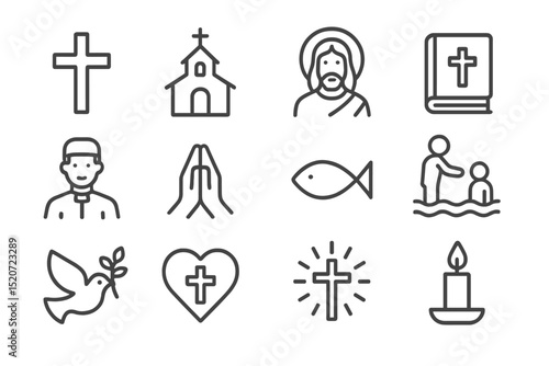 Religious symbols and icons representing faith, community, and spirituality in various forms