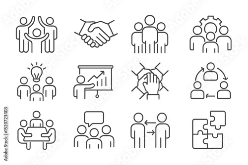 Creative cooperation and teamwork icons showcasing collaboration, leadership, and problem-solving skills in various activities