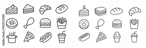 Variety of food icons featuring desserts, snacks, and beverages on a clean white background