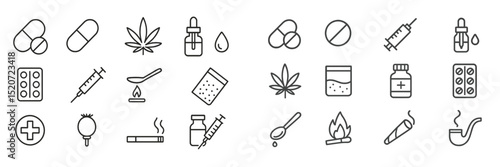 Various symbols representing different substances and methods of consumption related to health and wellness in a minimalist style