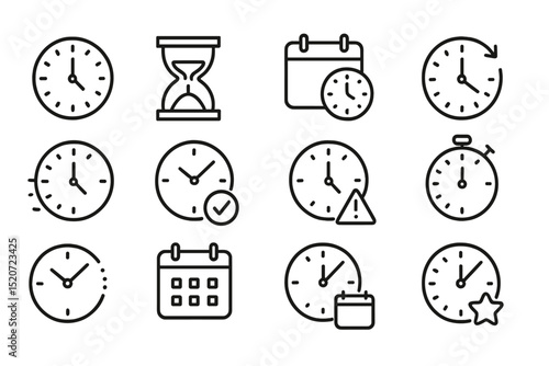 Collection of various clock and timer icons representing different time concepts and activities