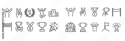 Symbols of achievement and victory displayed with various awards and celebrations of success in a minimalistic design
