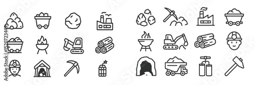 Coal mining industry icons illustrating various activities, tools, and equipment used in the extraction and processing of natural resources