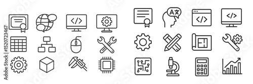 Collection of simple line icons representing technology, coding, and education related themes in a modern design layout