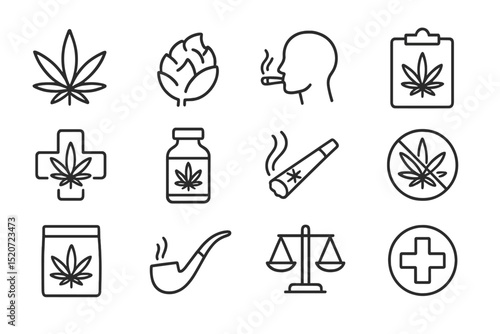Cannabis symbols and icons representing its uses, benefits, and legal aspects displayed in a structured layout