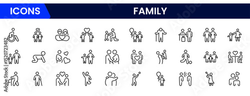 vector icons depicting family: parents, children, love, support, home, togetherness, bonding, care, happiness, and shared moments.
