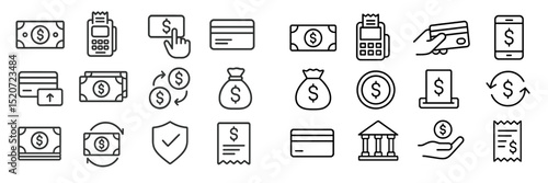 Collection of financial transaction icons depicting various payment methods and money management concepts
