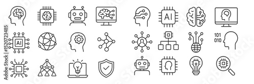 Illustration of artificial intelligence concepts and technologies with various icons representing different facets of AI