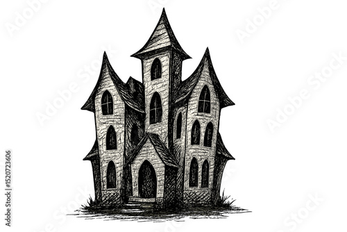 Intricate gothic house design with multiple turrets and pointed roofs nestled in overgrown grass