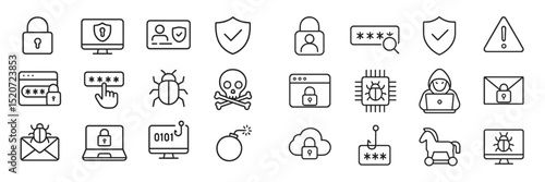 Collection of cybersecurity icons representing online security, malware, and user protection measures in a digital environment