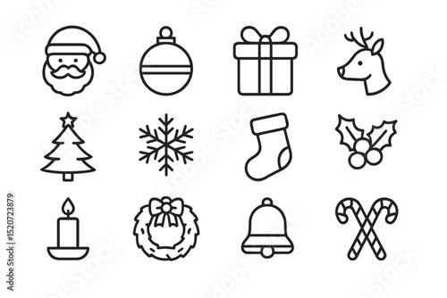 Collection of festive icons featuring Santa, gifts, and holiday symbols for seasonal celebration and decoration