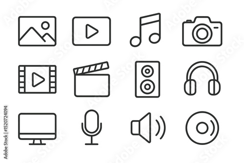 Collection of multimedia icons representing various forms of entertainment and communication tools