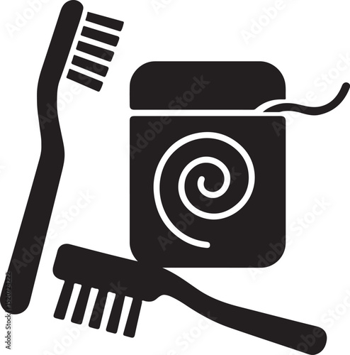 Silhouette vector of toothbrush and dental floss combo icon perfect for oral hygiene and dental care designs.