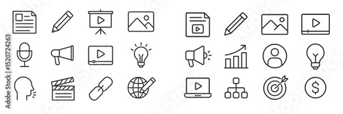 Educational icons representing learning tools and multimedia elements for presentations and digital content creation