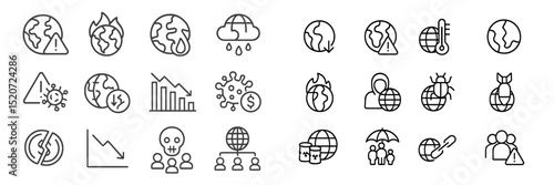 Various icons depicting environmental issues, climate change, and global challenges showcased on a white background