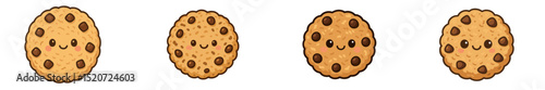 Happy cartoon cookies with chocolate chips on a white background during a cheerful baking theme