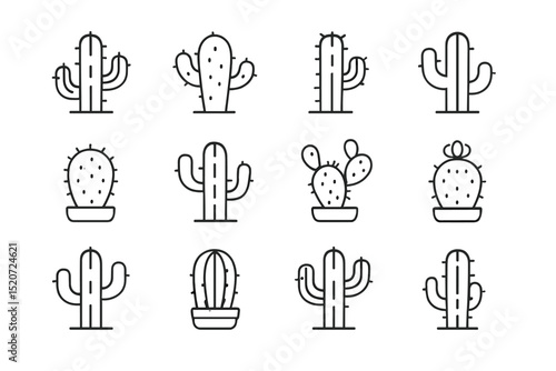 Unique collection of cactus illustrations in various shapes and sizes on a plain background