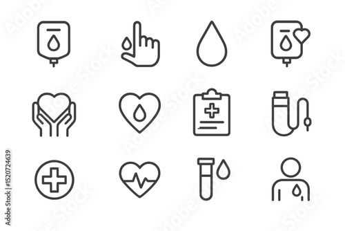 Collection of medical icons representing blood donation and healthcare elements in minimalistic design