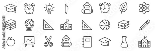 Educational icons featuring school supplies, learning tools, and symbols of academic achievement