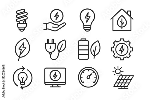 Energy icons showcasing renewable power sources and energy efficiency in a modern and eco-friendly style