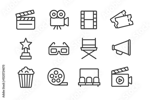 Collection of film-related icons including clapperboard, director's chair, and popcorn representing the movie industry