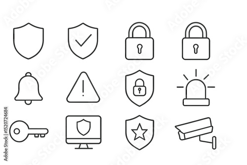 Collection of security-related icons representing protection, alerts, and monitoring activities in a digital context