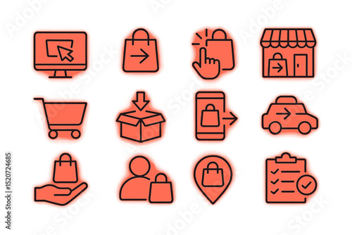 Shopping icons representing various online and offline retail activities, including cart, checkout, delivery, and in-store experiences