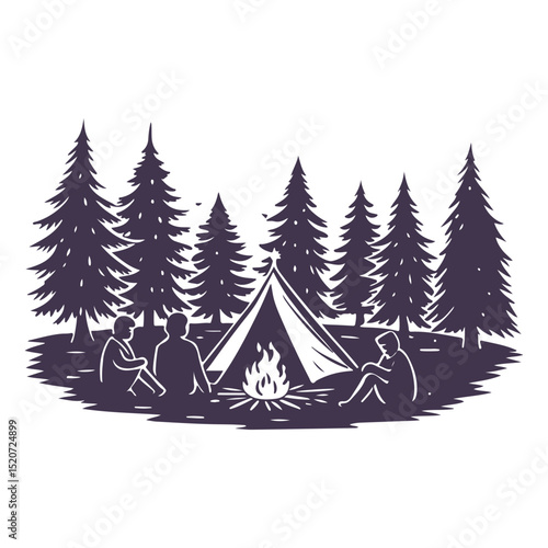 Camping scene with people around campfire in forest, tent, pine trees, and starry night, perfect for outdoor, travel, and adventure designs. vector illustration