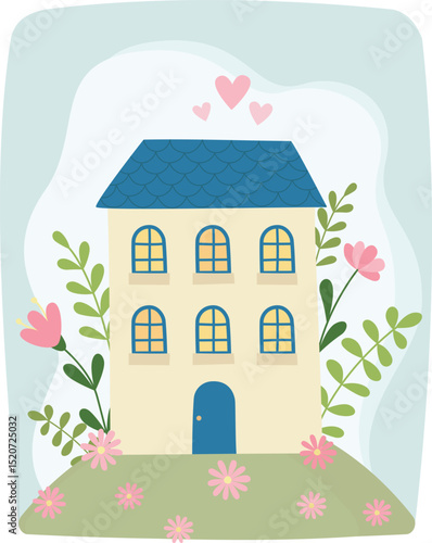 Cute illustration of a house with leaves and flowers. Cozy composition of home with plants
