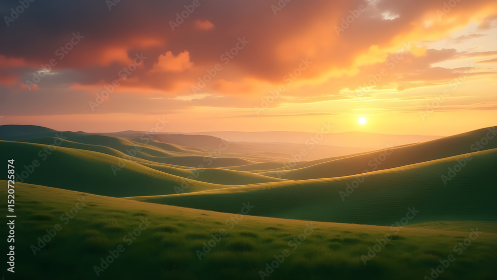 Fototapeta premium Dramatic Twilight Sky Over Rolling Fields at Sunset