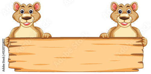 Cute Lions Holding a Wooden Sign