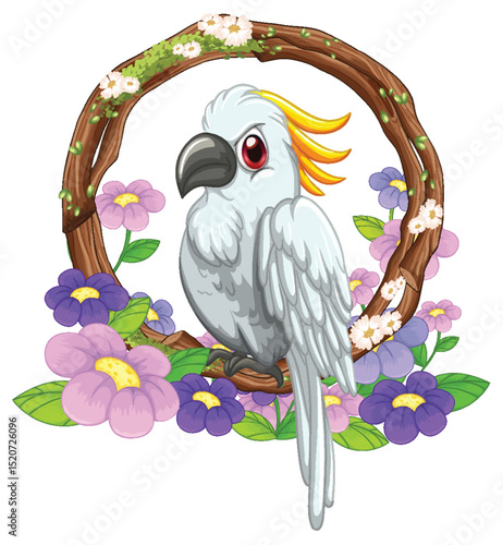 Cute Cockatoo with Floral Wreath Frame