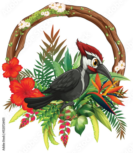 Tropical Bird with Floral Wreath Illustration