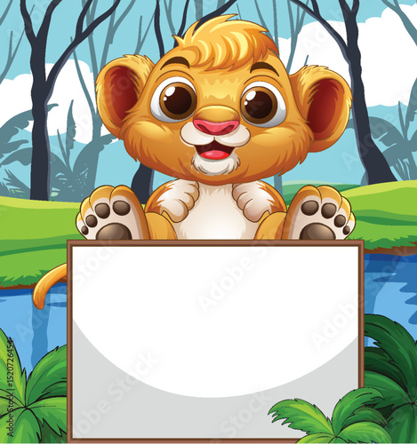 Cute Lion Cub with Blank Sign