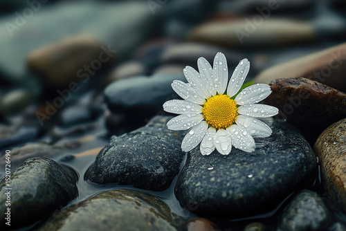 A solitary white daisy with a yellow center and water droplets on its petals, resting on dark, wet river stones.