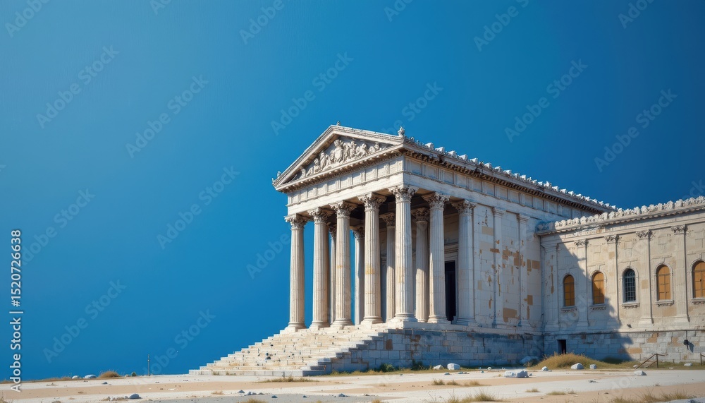 Obraz premium Ancient Marble Temple Ruins with Impressive Columns Against a Clear Blue Sky in Greece